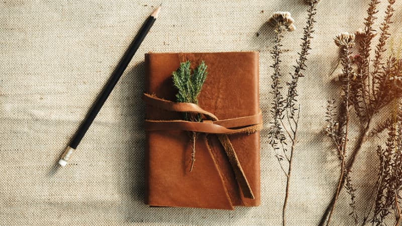 Brown leather-bound self compassion journal with sprigs and a pencil